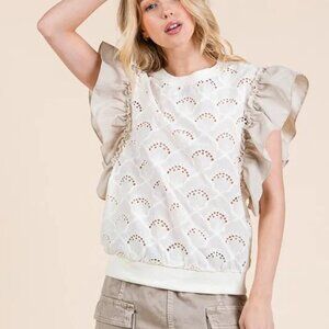 Lime 'N' Chili Ruffle Cap Sleeve Embroidered Eyelet Blouse